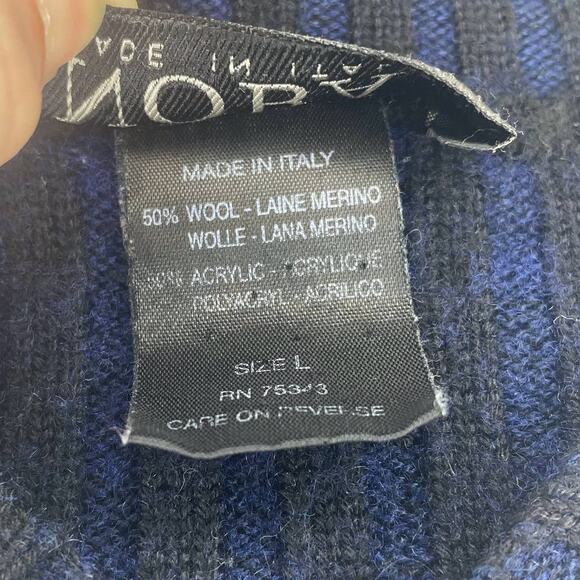 NOBA 1950 V-Neck Knit Sweater Horizontal Stripes Blue Black Italy - Size Large - Picture 4 of 9